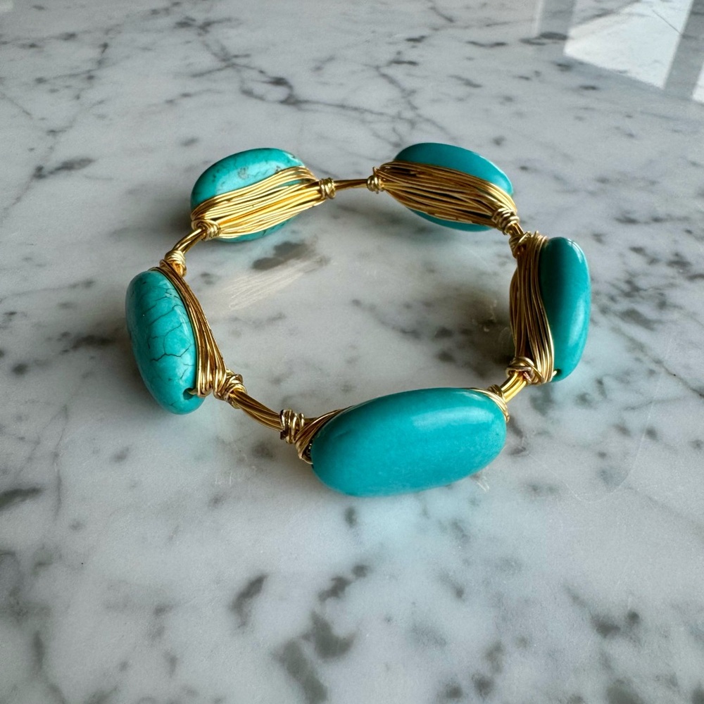 Turquoise and Gold Wire Bangle Bracelet